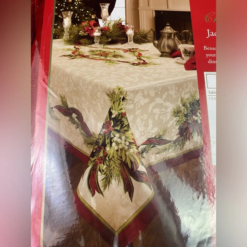 NIP Fabric Printed Tablecloth Benson Mills Christmas Ribbons 52 x 70